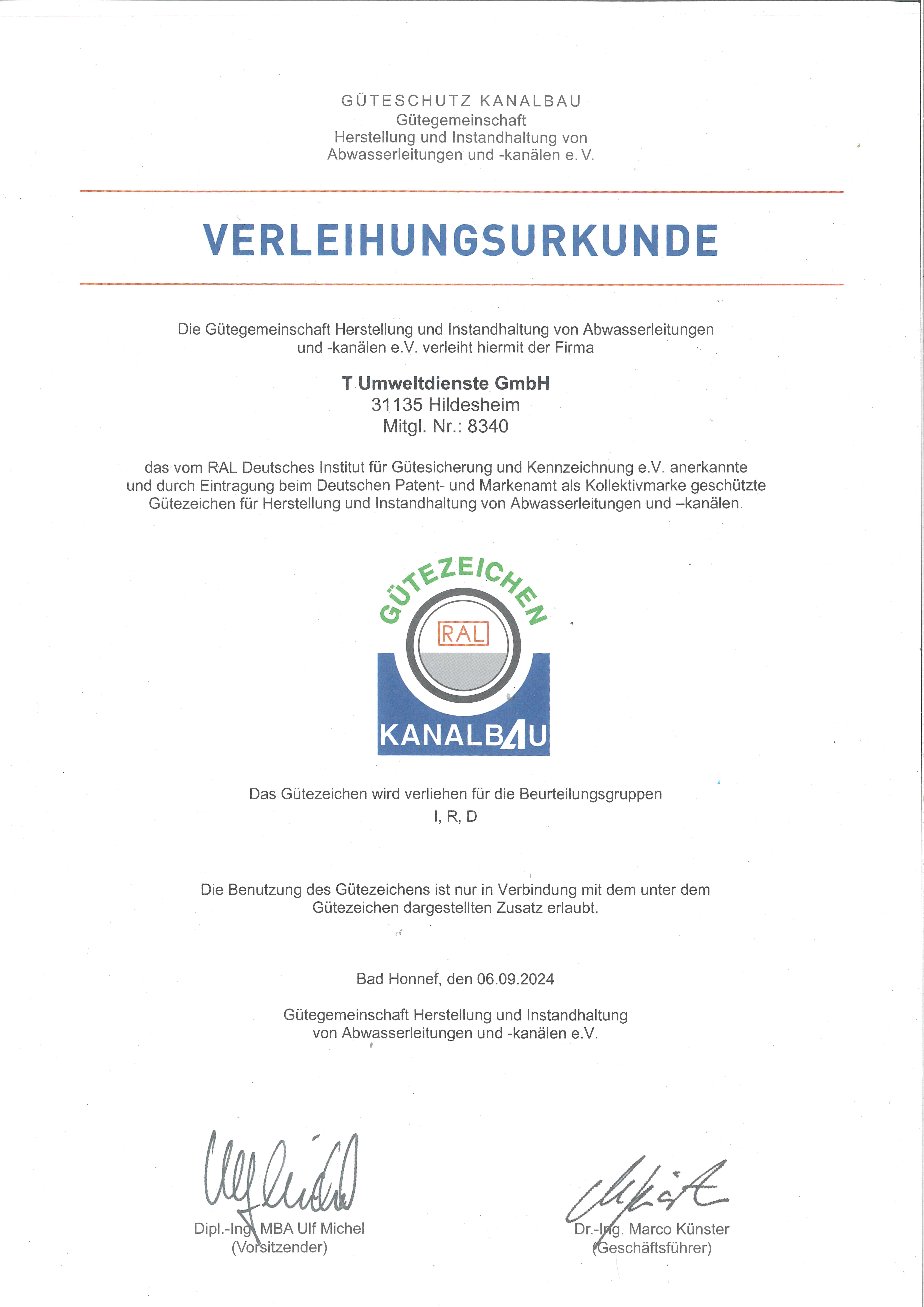 Gütezeichen Kanalbau